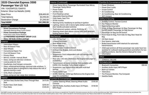 2020 Chevrolet Express 3500 RWD 3500 Extended Wheelbase LS