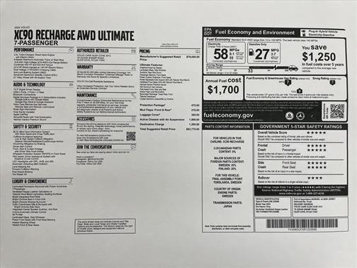 2024 Volvo XC90 Recharge Plug-In Hybrid T8 Ultimate Bright Theme 7-Seater