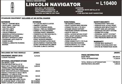 Pristine White Metallic Tri-Coat 2024 Lincoln Navigator Reserve