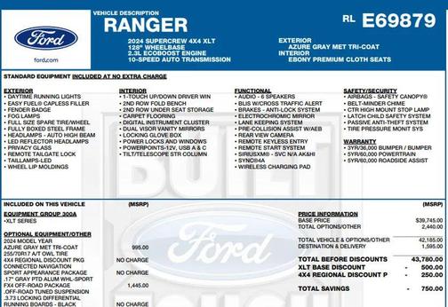 Azure Gray Metallic Tri-Coat 2024 Ford Ranger XLT