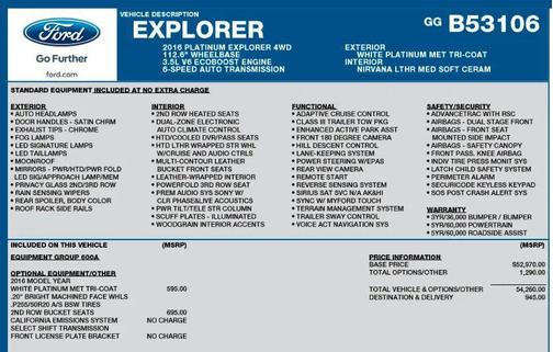 White Platinum Metallic Tri-Coat 2016 Ford Explorer Platinum