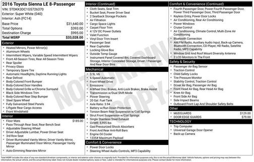 Super White 2016 Toyota Sienna LE