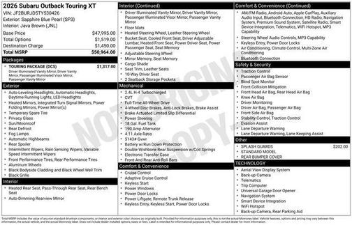 Sapphire Blue Pearl 2026 Subaru Outback Touring XT