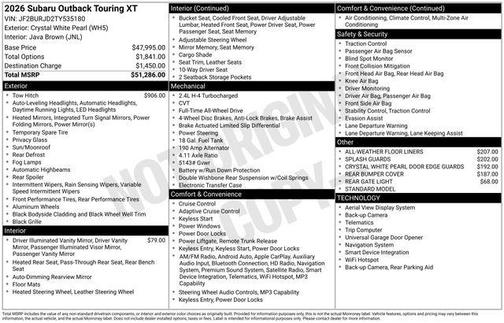 Crystal White Pearl 2026 Subaru Outback Touring XT