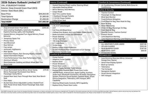 Deep Emerald Green Pearl 2026 Subaru Outback Limited XT