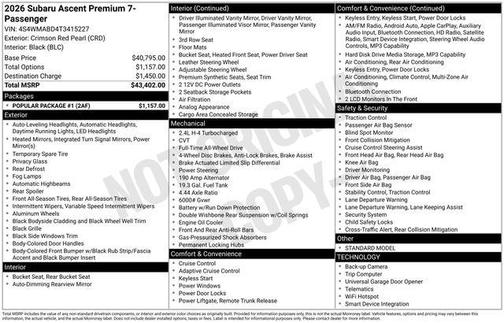 Crimson Red Pearl 2026 Subaru Ascent Premium 7-Passenger