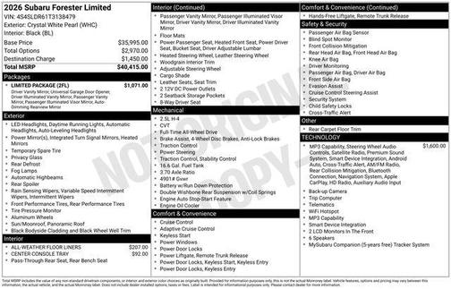Crystal White Pearl 2026 Subaru Forester Limited