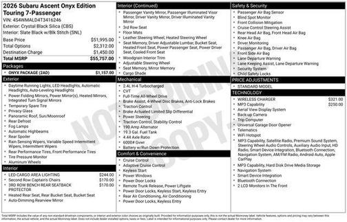 Crystal Black Silica 2026 Subaru Ascent Onyx Edition Touring 7-Passenger