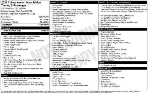 Crystal White Pearl 2026 Subaru Ascent Onyx Edition Touring 7-Passenger