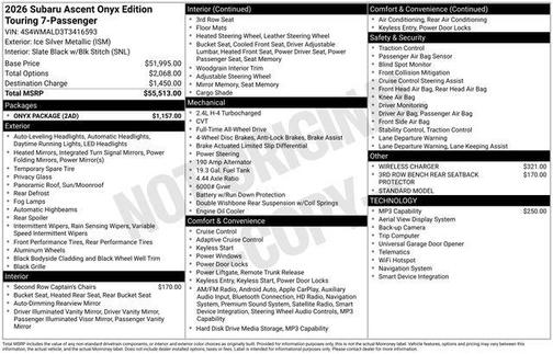 Ice Silver Metallic 2026 Subaru Ascent Onyx Edition Touring 7-Passenger