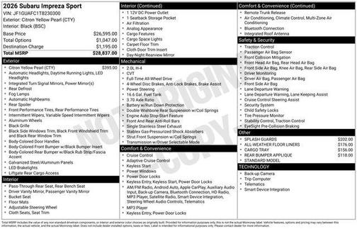 Citron Yellow Pearl 2026 Subaru Impreza Sport