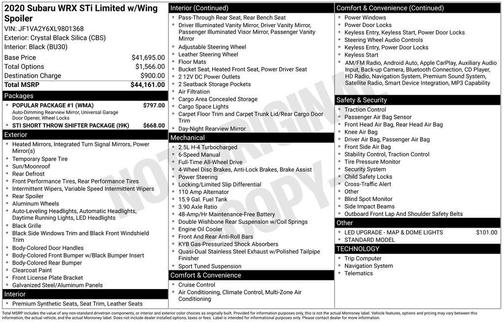 2020 Subaru WRX STI Limited w/Wing