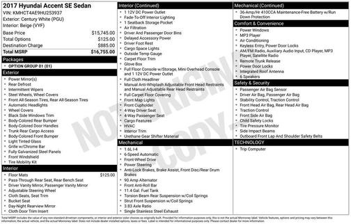 Century White 2017 Hyundai Accent SE