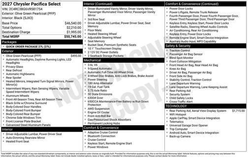 Olive Green 2027 Chrysler Pacifica SELECT