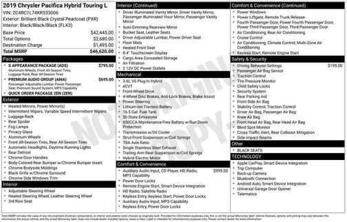 Brilliant Black Crystal Pearlcoat 2019 Chrysler Pacifica Hybrid Touring L