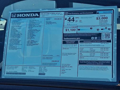Crystal Black Pearl 2026 Honda Accord Hybrid Sport-L