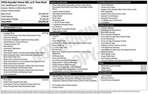 2026 Hyundai VENUE SEL w/Two-Tone Roof