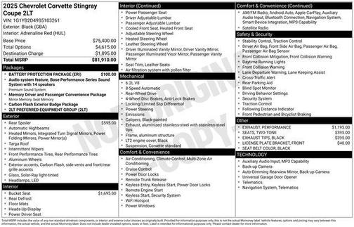 Black 2025 Chevrolet Corvette Stingray w/2LT