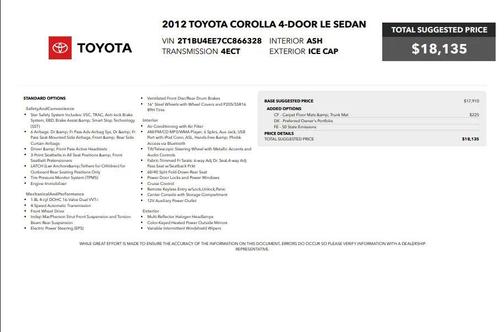 Super White 2012 Toyota Corolla LE