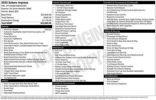 Ice Silver Metallic 2025 Subaru Impreza Base
