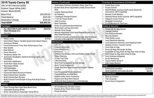 Super White 2018 Toyota Camry SE