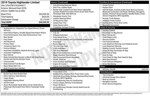 Blizzard Pearl 2019 Toyota Highlander Limited