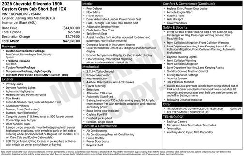 Sterling Gray Metallic 2026 Chevrolet Silverado 1500 Custom