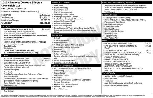 Yellow Metallic 2022 Chevrolet Corvette Stingray w/2LT