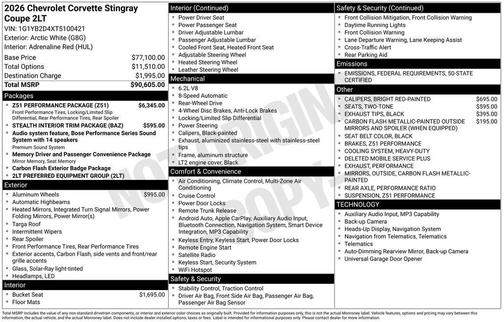 2026 Chevrolet Corvette Stingray w/2LT