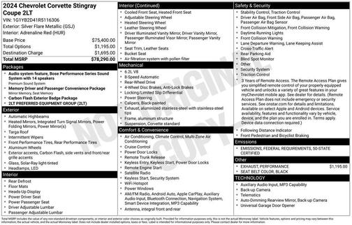 2024 Chevrolet Corvette Stingray w/2LT
