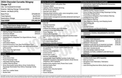 2026 Chevrolet Corvette Stingray w/1LT