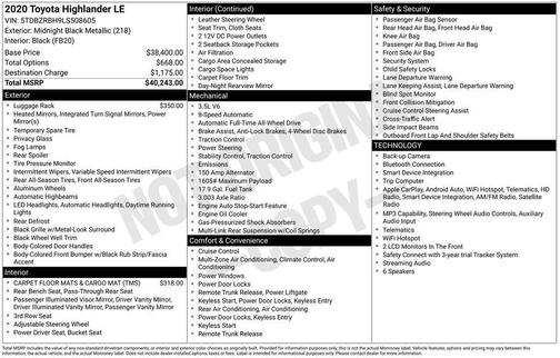 Midnight Black Metallic 2020 Toyota Highlander LE