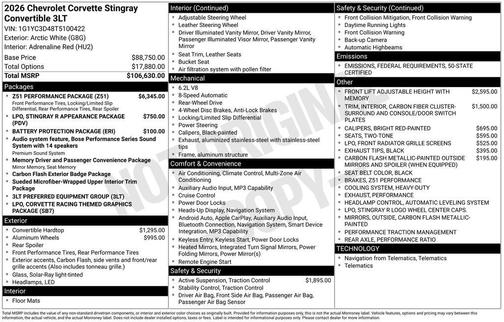 2026 Chevrolet Corvette Stingray w/3LT