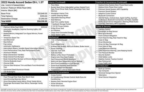 Platinum White 2022 Honda Accord EX-L