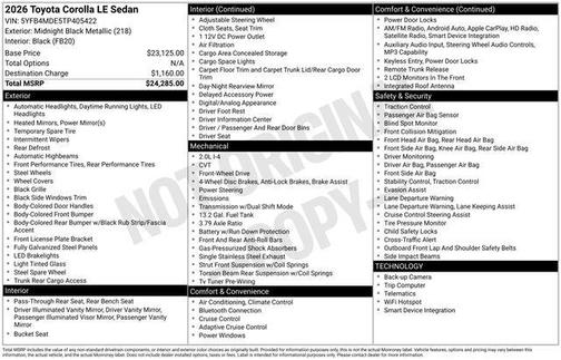 Midnight Black Metallic 2026 Toyota Corolla LE
