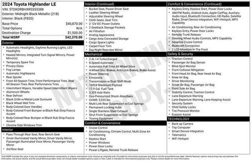 Midnight Black Metallic 2024 Toyota Highlander LE
