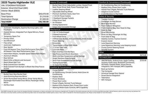 Pearl 2025 Toyota Highlander XLE