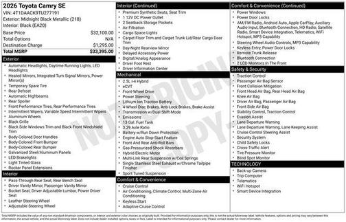 Midnight Black Metallic 2026 Toyota Camry SE