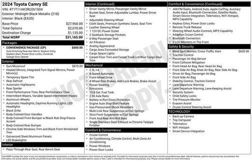Midnight Black Metallic 2024 Toyota Camry SE