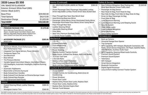 Eminent White Pearl 2020 Lexus ES 350 Base