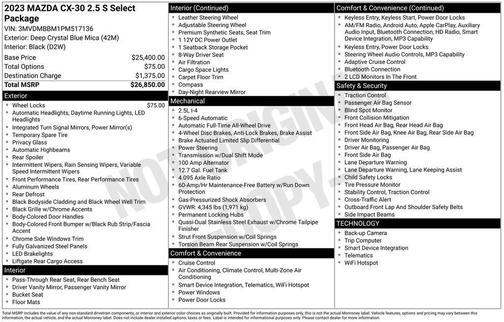 Deep Crystal Blue Mica 2023 Mazda CX-30 2.5 S Select Package