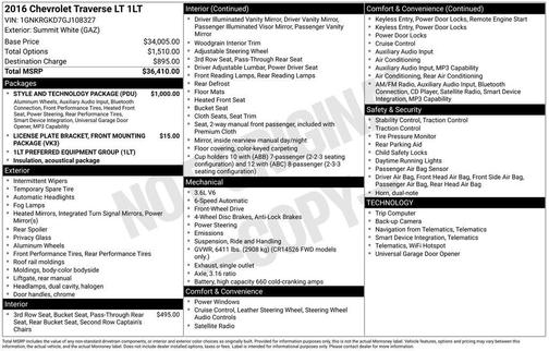 Summit White 2016 Chevrolet Traverse 1LT