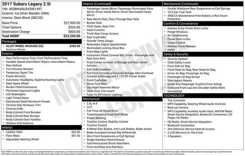 Ice Silver Metallic 2017 Subaru Legacy 2.5i