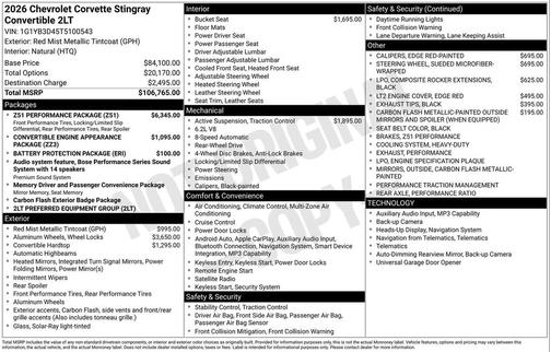 2026 Chevrolet Corvette Stingray w/2LT
