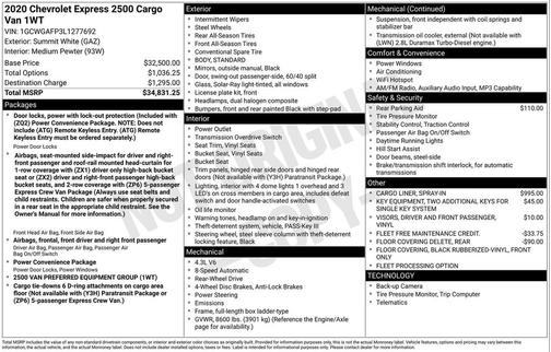 2020 Chevrolet Express 2500 RWD 2500 Regular Wheelbase WT