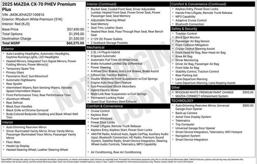Rhodium White Premium 2025 Mazda CX-70 PHEV Premium Plus Package