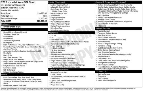 Atlas White 2026 Hyundai KONA SEL Sport
