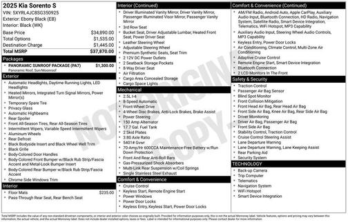 Ebony Black 2025 Kia Sorento S
