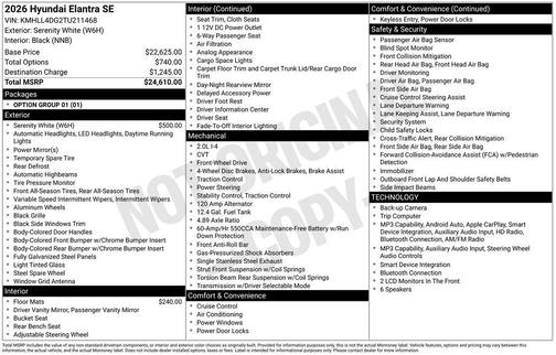 Serenity White 2026 Hyundai ELANTRA SE