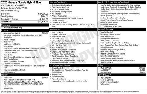 Serenity White 2026 Hyundai SONATA Hybrid Base